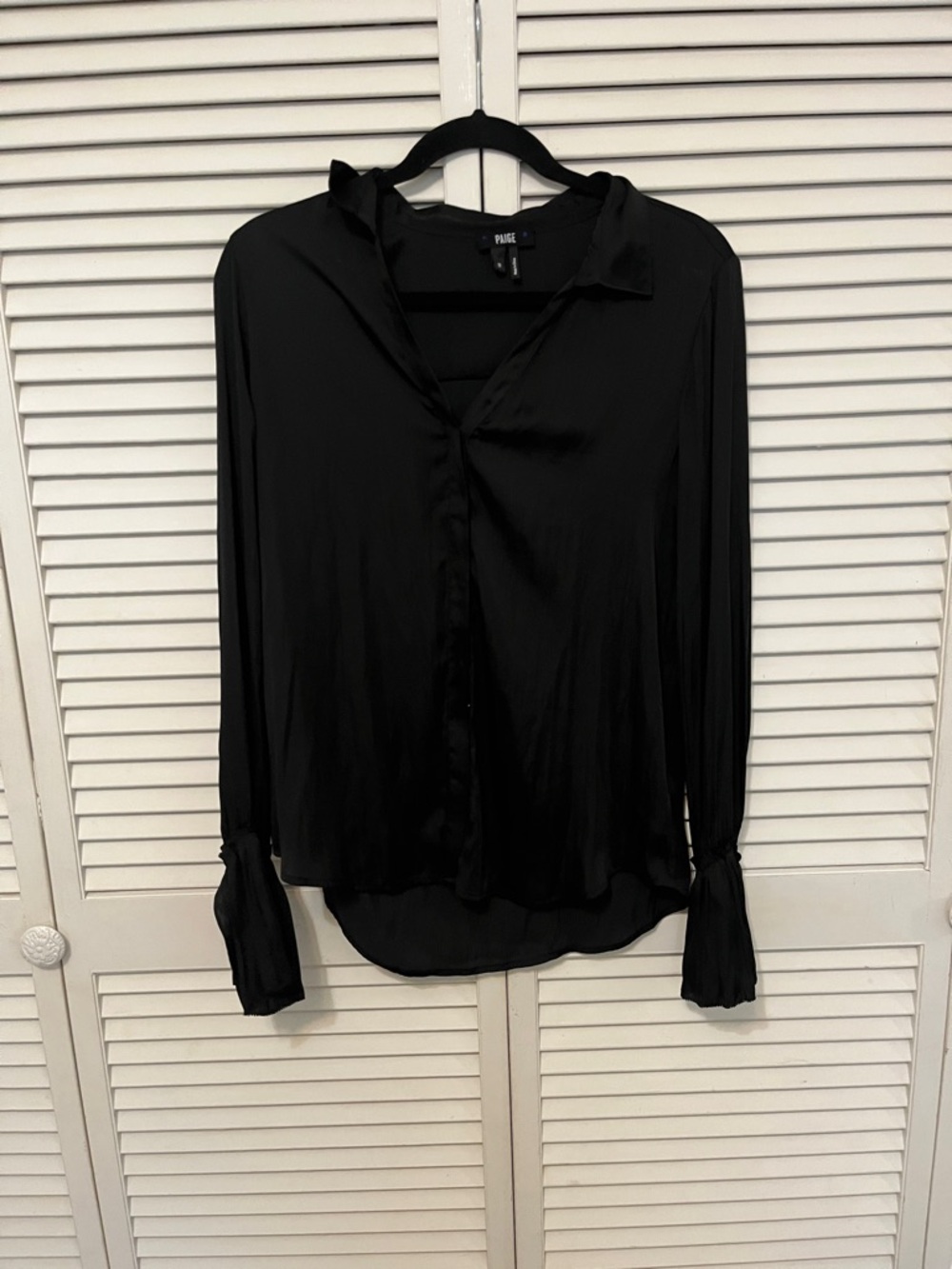 PAIGE Black Satin Button-Down Shirt with Gathered Cuffs